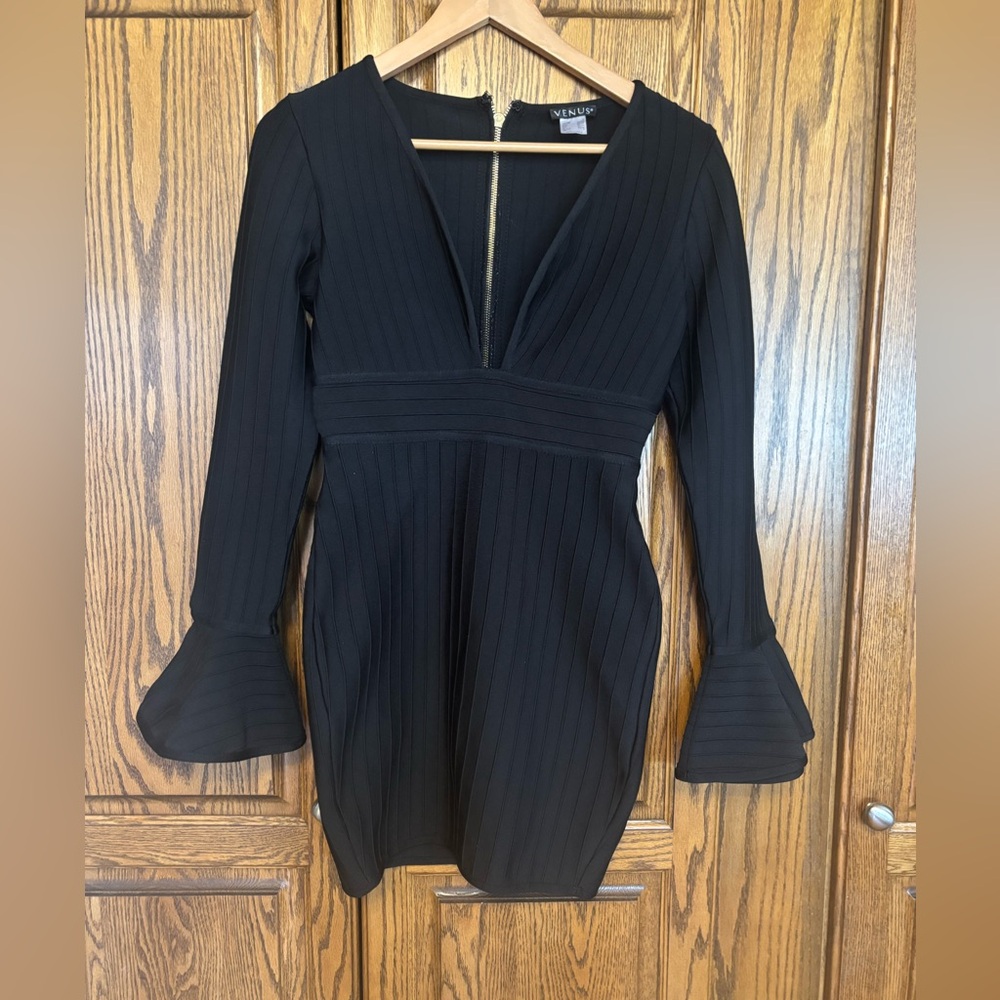 VENUS Black Ribbed Deep V Mini Dress with Flared Cuffs